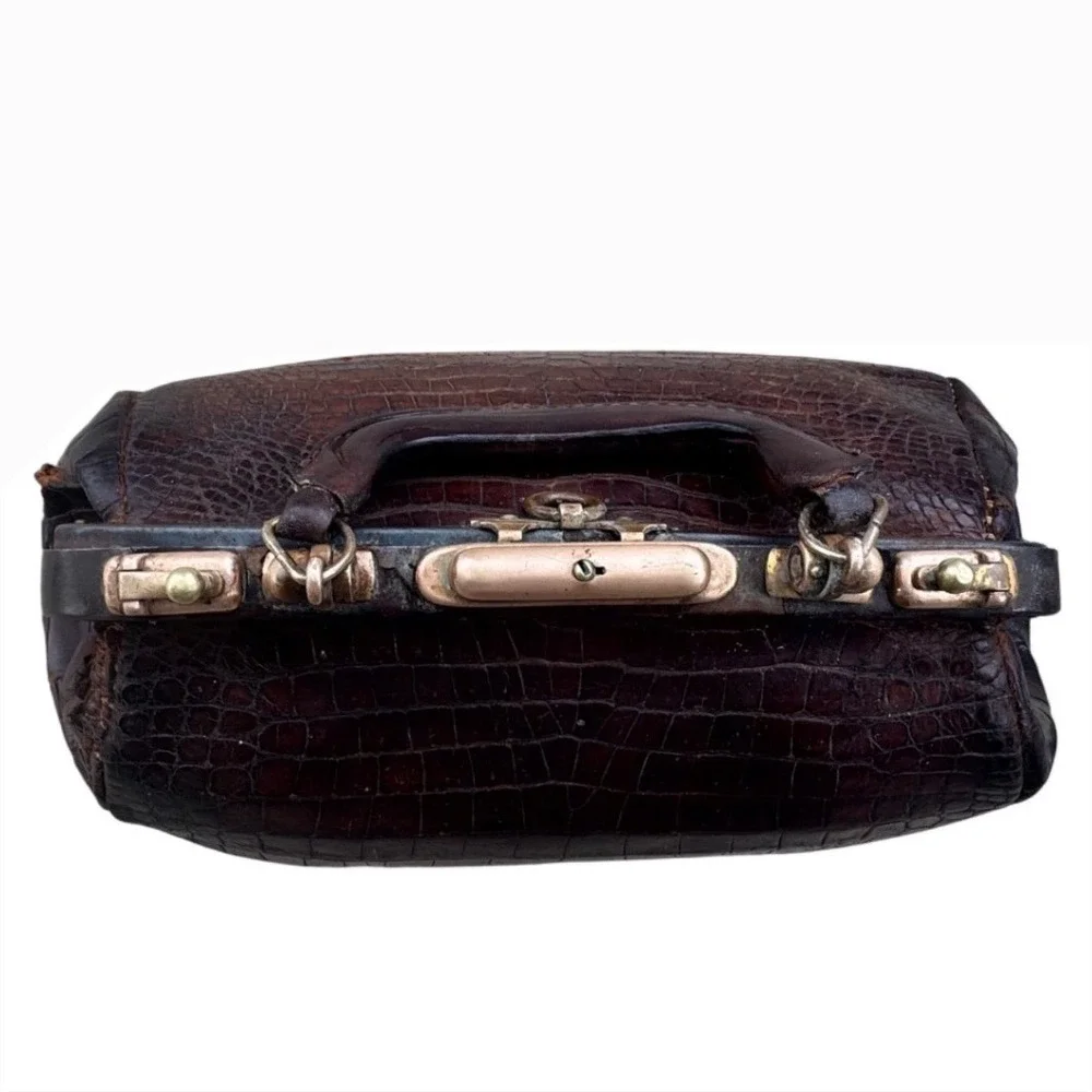 Antique Alligator Skin Doctor Bag Brown Leather Brass Hardware Restoration Prop